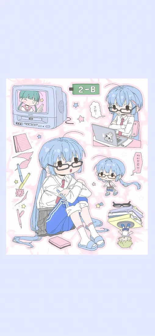 蓝发眼镜少女手机壁纸｜可爱卡通背景图片 - 二次元插画「哲风壁纸」