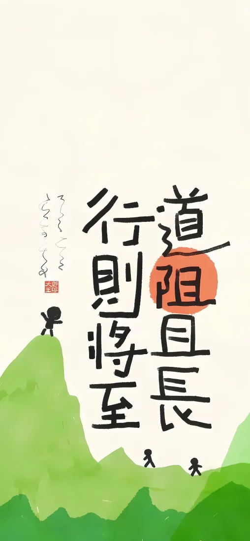 道阻且长行则将至手机壁纸｜国风手绘背景图片 - 绿色山峦励志「哲风壁纸」