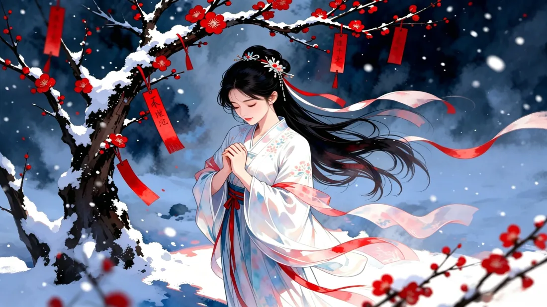 3k古风汉服美女壁纸｜冬日红梅雪景背景图片 - 国风插画「哲风壁纸」