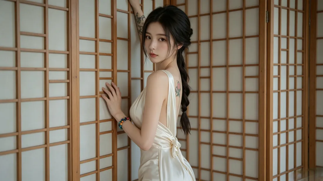 3k气质美女壁纸｜白色吊带裙背景图片 - 日式屏风氛围感「哲风壁纸」