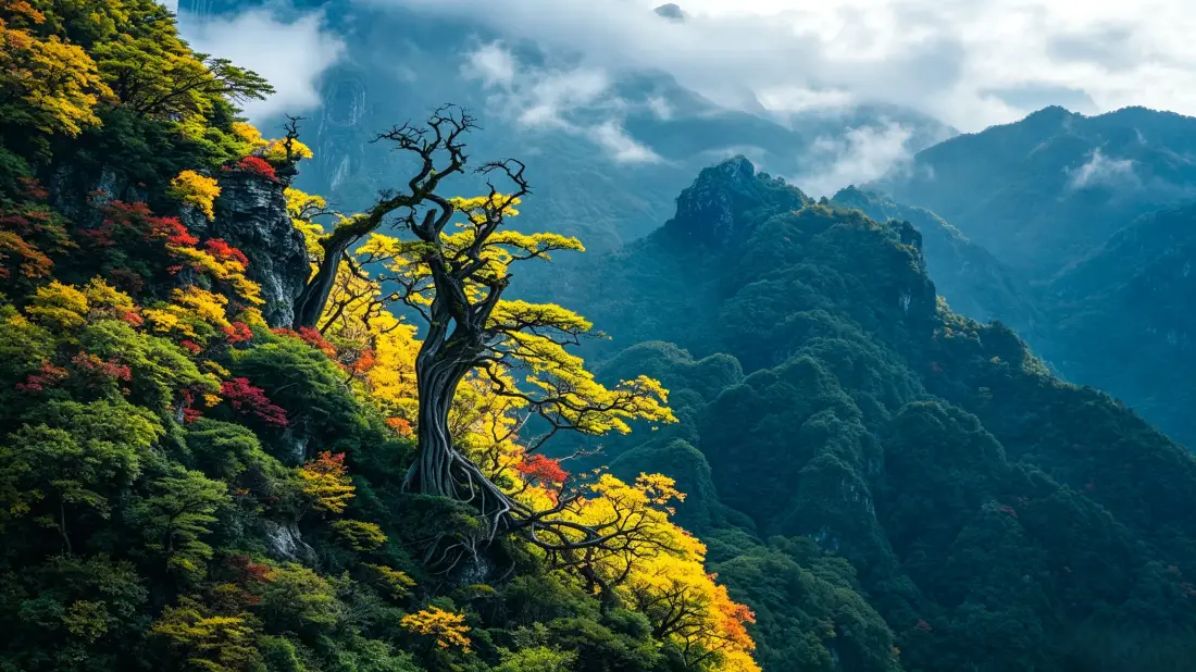 3k山间秋景壁纸｜云雾奇峰背景图片 - 治愈自然风光「哲风壁纸」