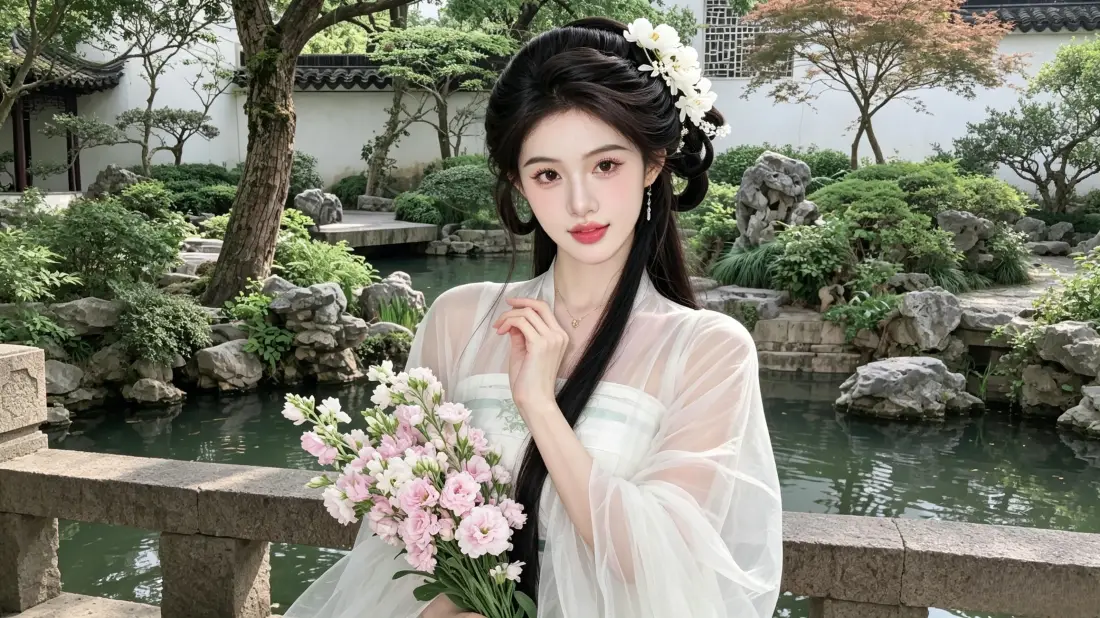 3k汉服美女壁纸｜江南园林背景图片 - 仙气清冷「哲风壁纸」