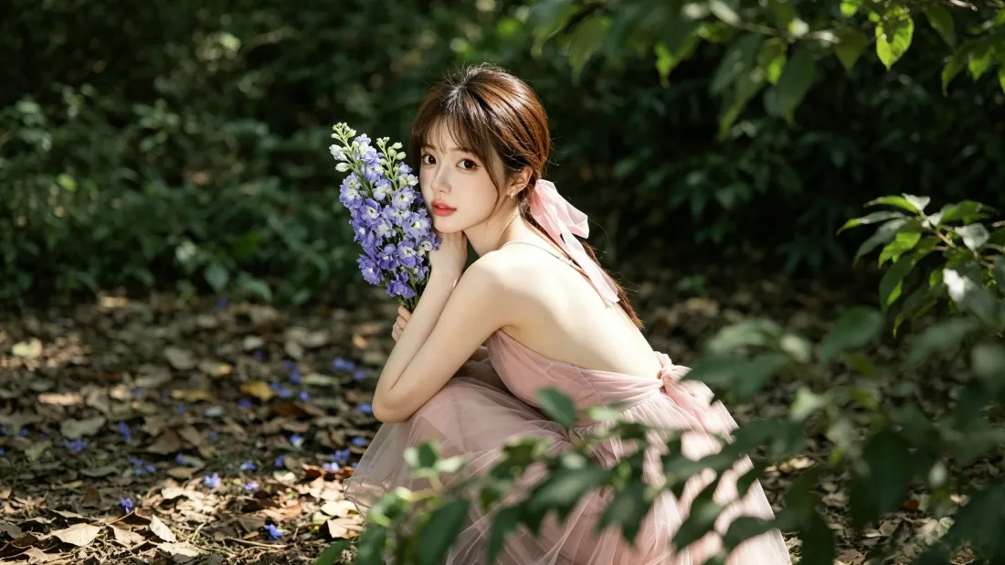 3k粉裙少女壁纸｜森林绿植背景图片 - 持花氛围感写真「哲风壁纸」