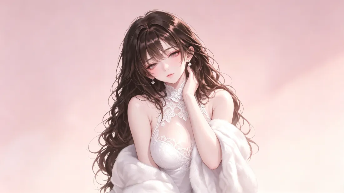 3k二次元卷发少女壁纸｜白色礼服背景图片 - 粉色柔美「哲风壁纸」