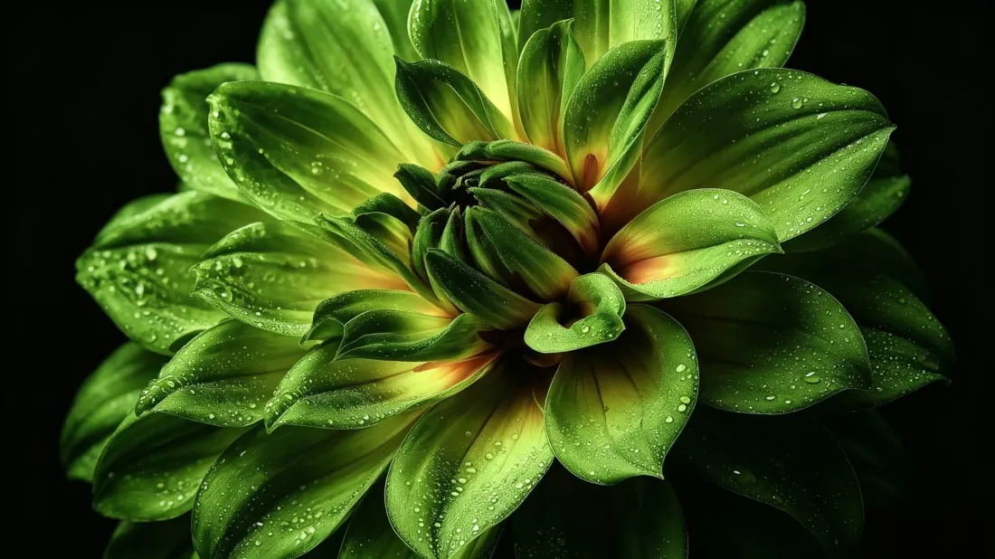 3k绿色大丽花壁纸｜花卉特写背景图片 - 清新水珠植物「哲风壁纸」