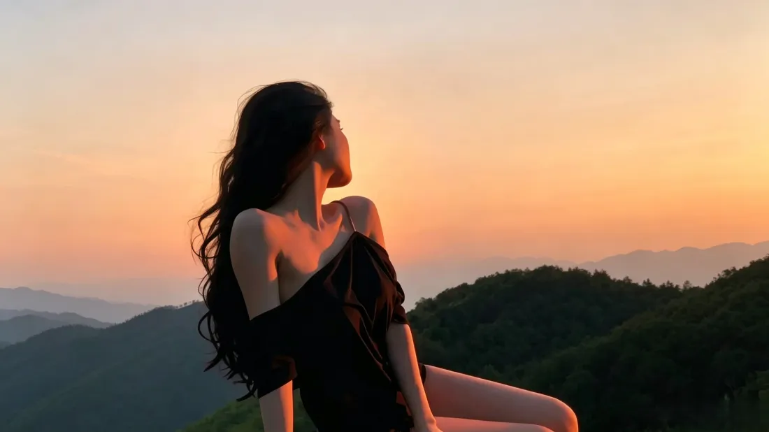 3k卷发美女壁纸｜山顶黄昏背景图片 - 日落氛围感写真「哲风壁纸」