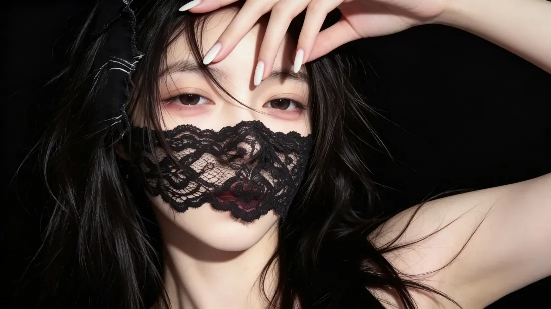 3k蕾丝面罩冷艳美女壁纸｜纯黑背景图片 - 氛围感时尚写真「哲风壁纸」