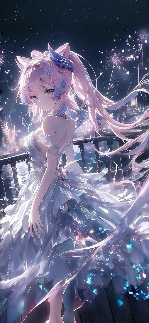 粉发猫耳少女手机壁纸｜星光烟火背景图片 - 二次元插画「哲风壁纸」