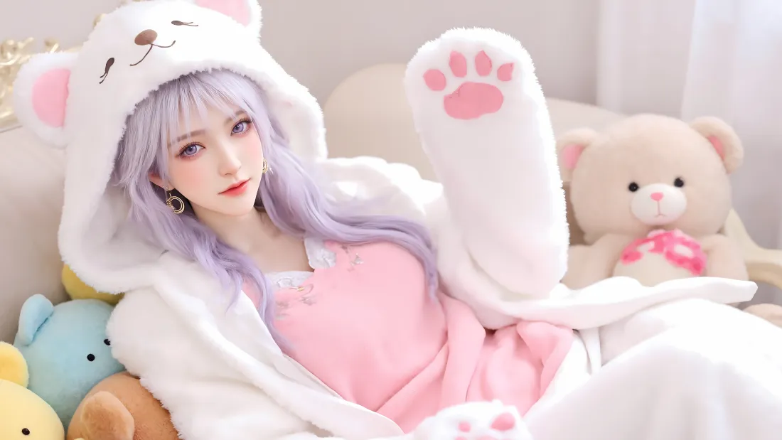 8k姬紫月壁纸｜可爱居家毛绒睡衣背景图片 - cosplay「哲风壁纸」