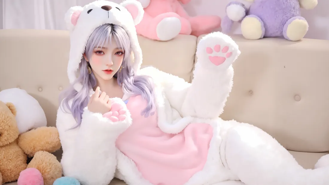 8k姬紫月壁纸｜可爱白熊连体睡衣背景图片 - 遮天cos「哲风壁纸」