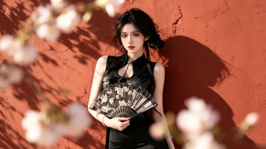 3k旗袍美女壁纸｜红墙白花背景图片 - 国风氛围感写真「哲风壁纸」
