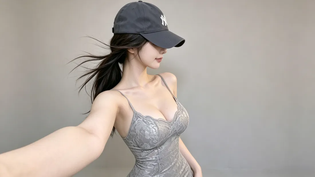 3k时尚美女壁纸｜灰色吊带背景图片 - 戴棒球帽氛围感写真「哲风壁纸」
