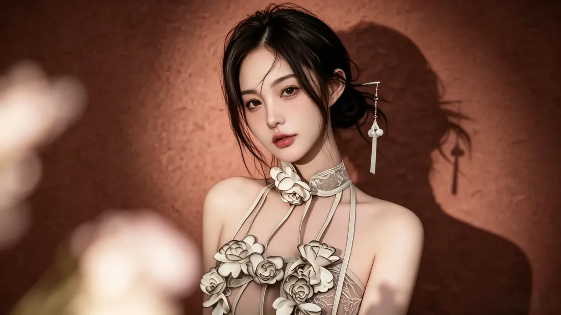 3k新中式美女壁纸｜暖调氛围背景图片 - 发簪花朵穿搭「哲风壁纸」