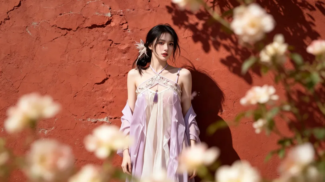 3k紫裙少女壁纸｜红墙花景背景图片 - 清新氛围感写真「哲风壁纸」
