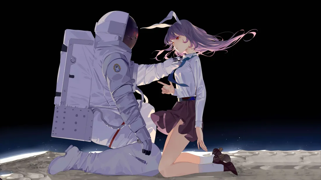 7k东方Project铃仙壁纸｜月球太空背景图片 - 宇航员与少女「哲风壁纸」