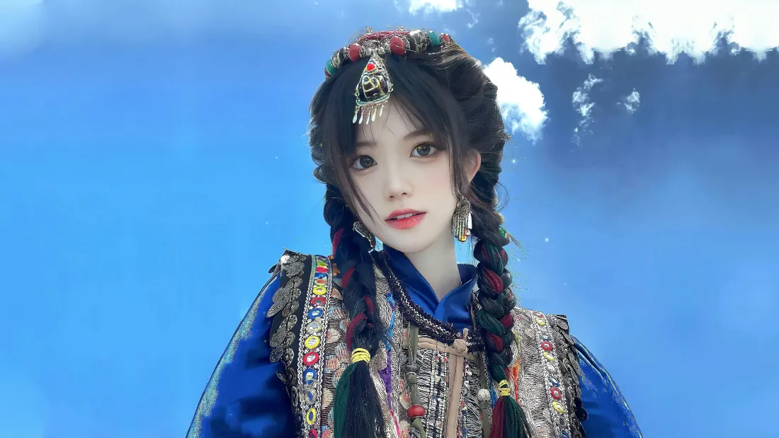 4k藏族美女壁纸｜蓝天白云背景图片 - 民族风少女穿搭「哲风壁纸」