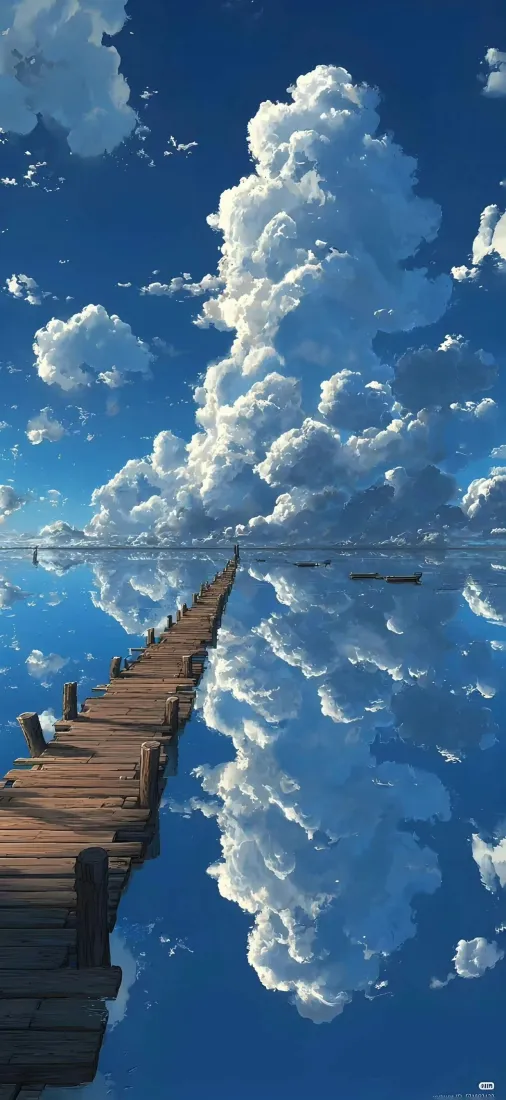 万象集手机壁纸｜蓝天白云背景图片 - 水上栈道日系插画「哲风壁纸」