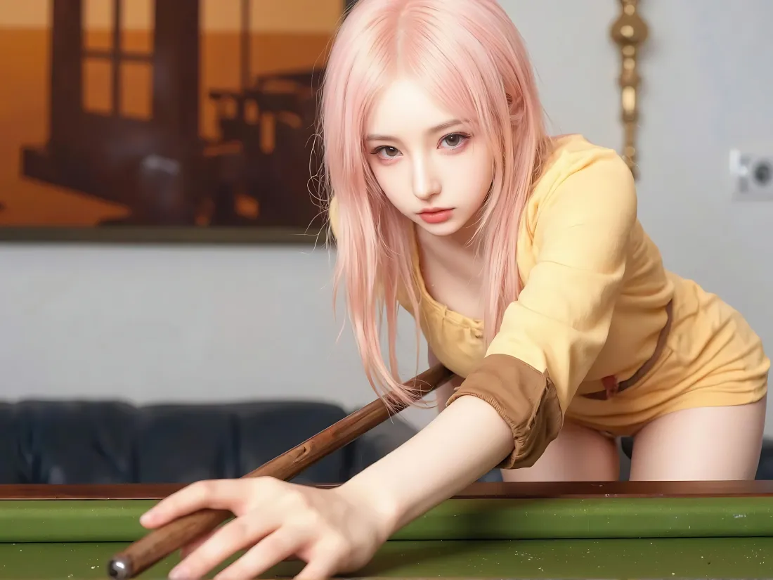 4k粉发少女壁纸｜台球桌旁背景图片 - 万象集高清「哲风壁纸」