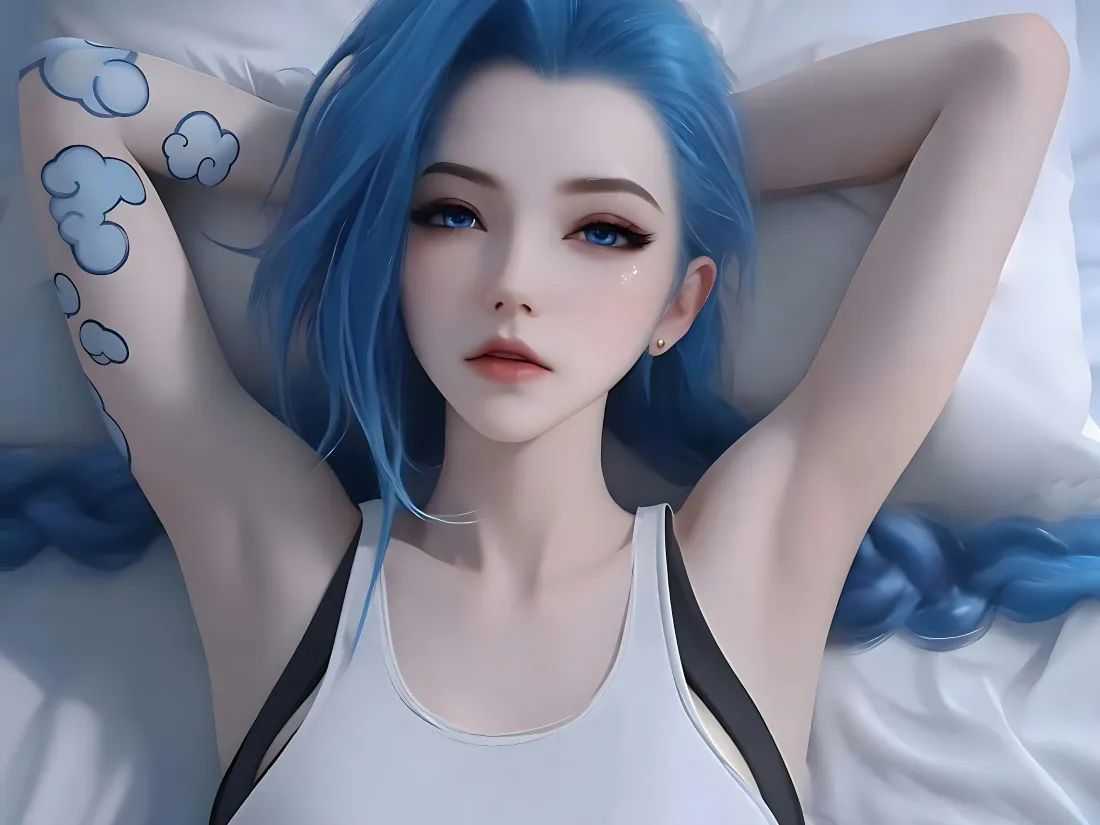 4k金克丝壁纸｜卧床休闲背景图片 - 蓝发纹身少女「哲风壁纸」