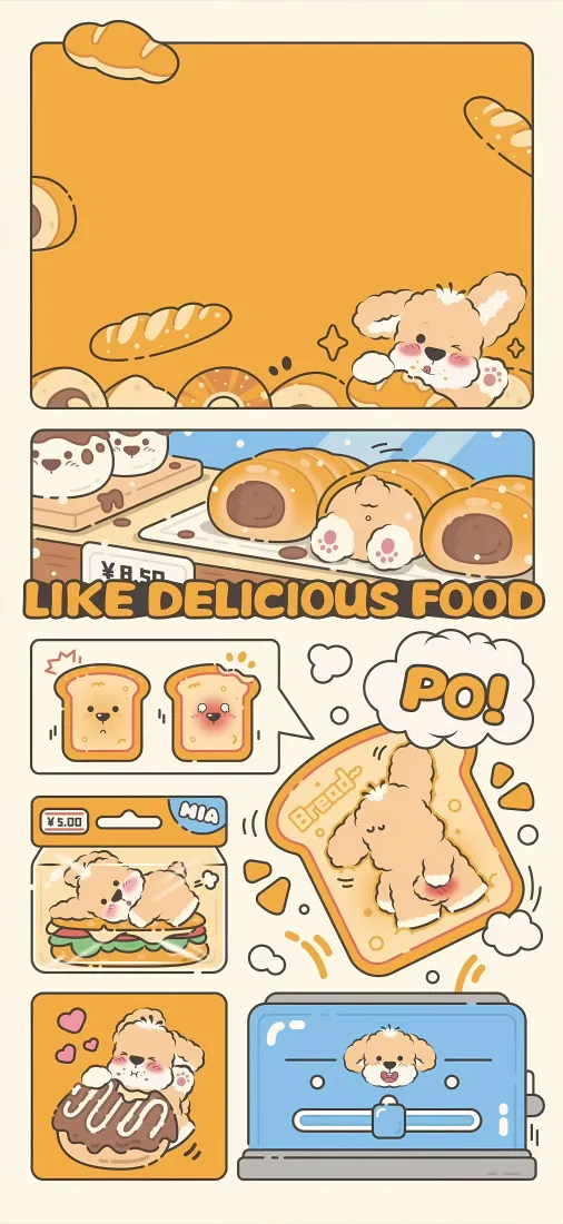 卡通面包小狗手机壁纸｜美食插画背景图片 - 软萌治愈可爱「哲风壁纸」