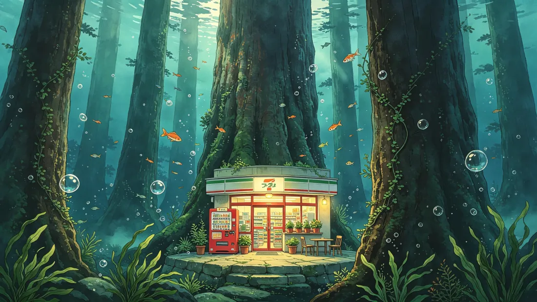4k水下森林小店壁纸｜治愈插画背景图片 - 静谧梦幻温馨场景「哲风壁纸」