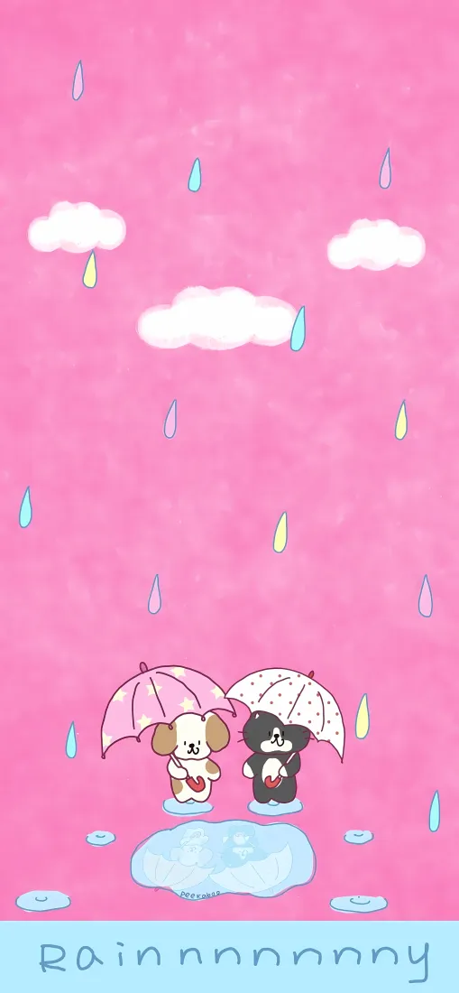 卡通小动物手机壁纸｜粉色雨天背景图片 - 治愈可爱「哲风壁纸」