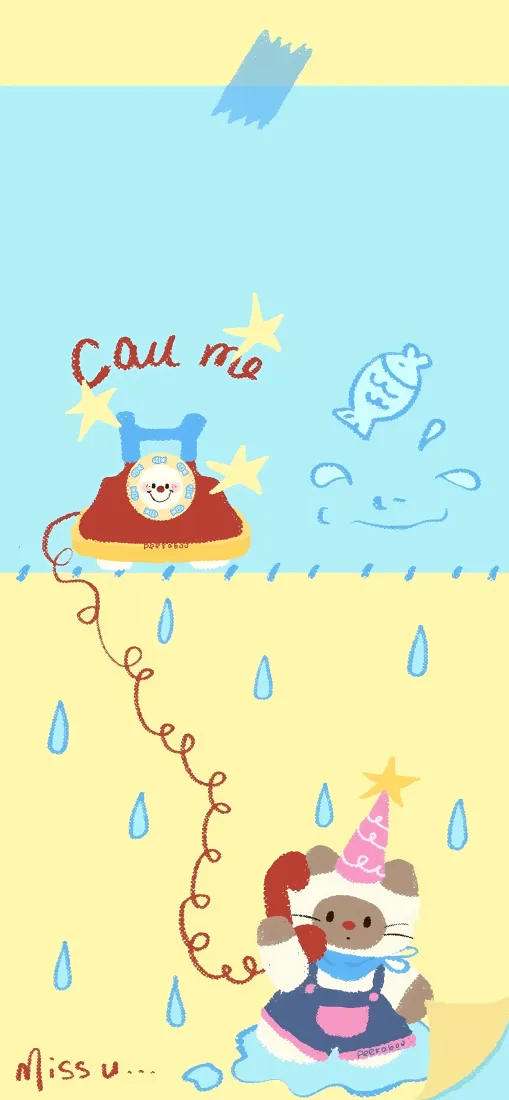 可爱卡通小猫手机壁纸｜下雨治愈背景图片 - 打电话手绘插画「哲风壁纸」
