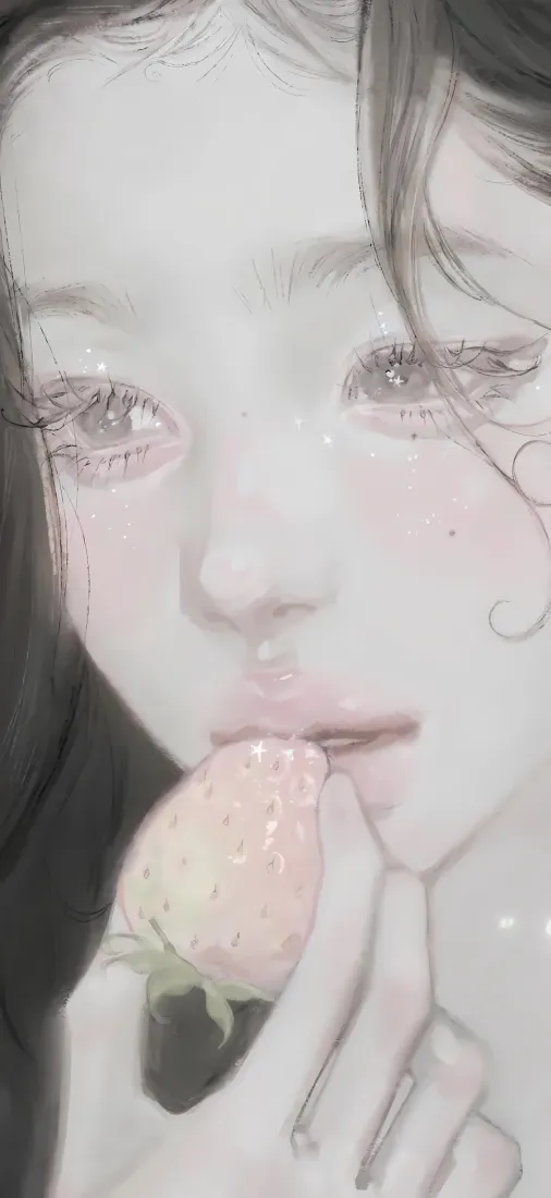 二次元少女手机壁纸｜吃草莓背景图片 - 手绘插画「哲风壁纸」