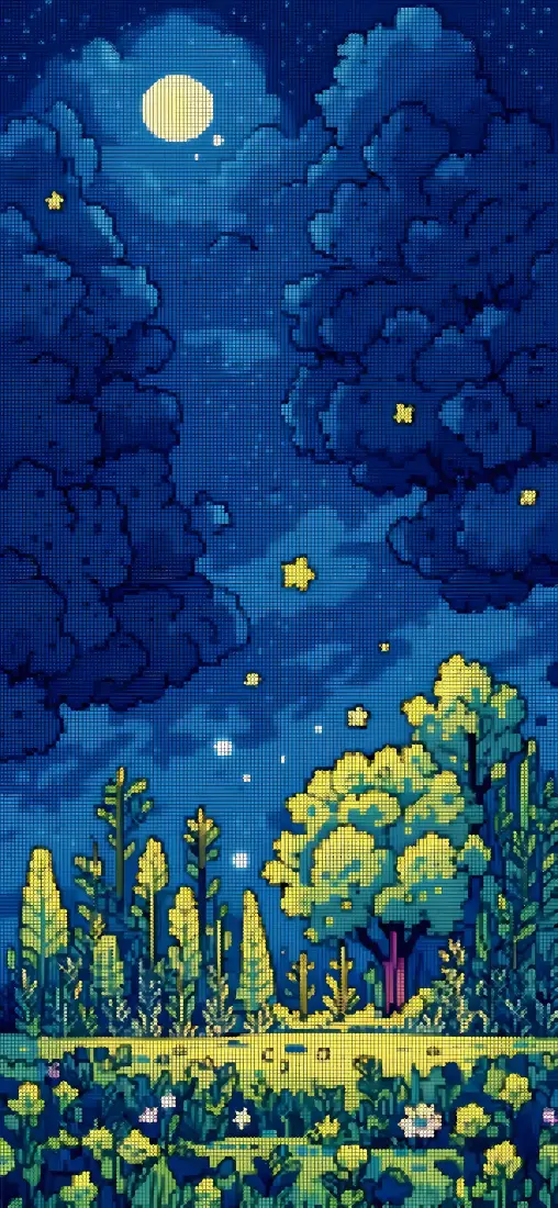 月夜森林手机壁纸｜像素绘画背景图片 - 静谧夜色「哲风壁纸」