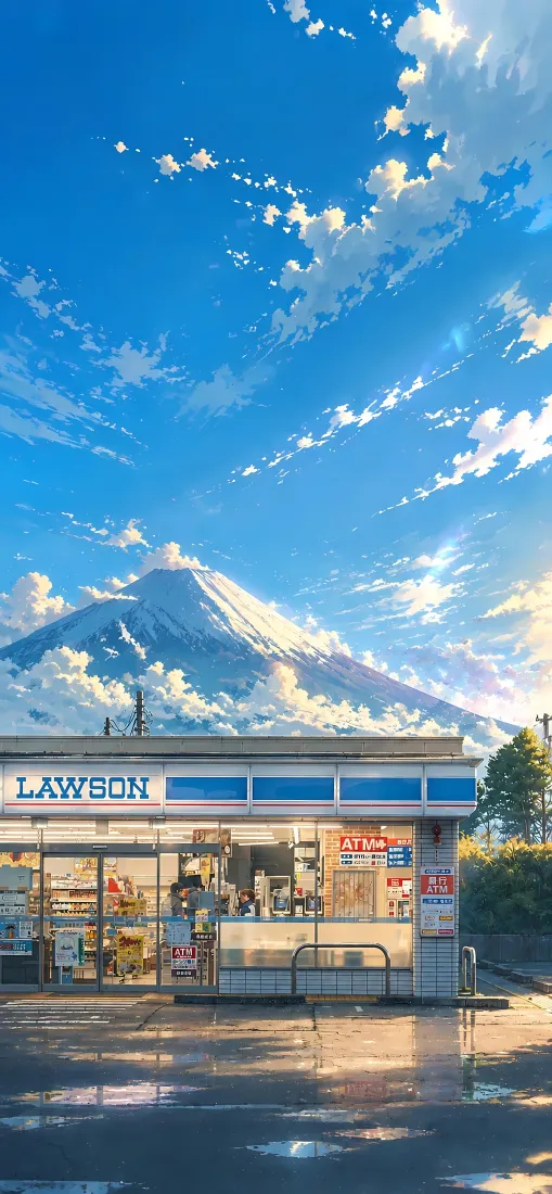 富士山手机壁纸｜罗森便利店背景图片 - 日系动漫风景「哲风壁纸」
