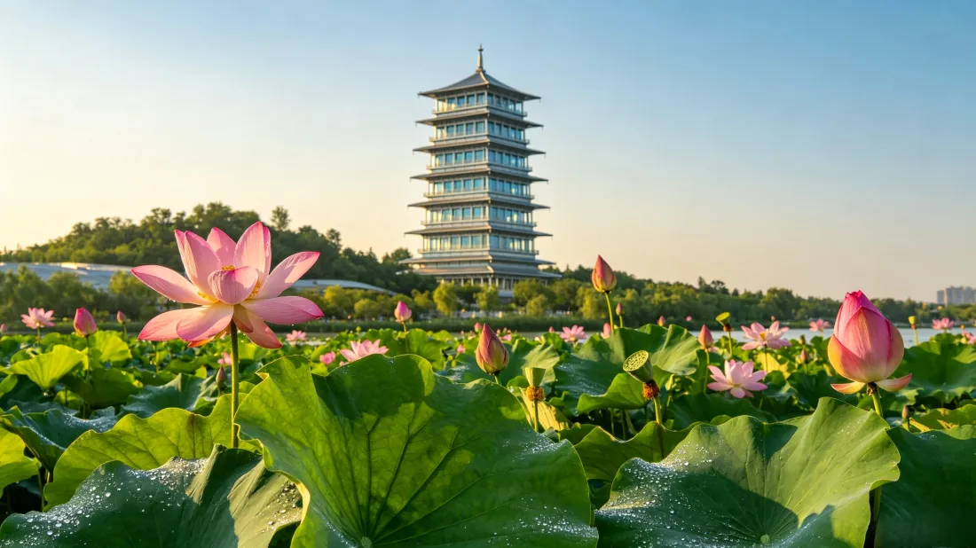 3k长安塔壁纸｜荷塘荷花背景图片 - 夏日清新自然风景「哲风壁纸」