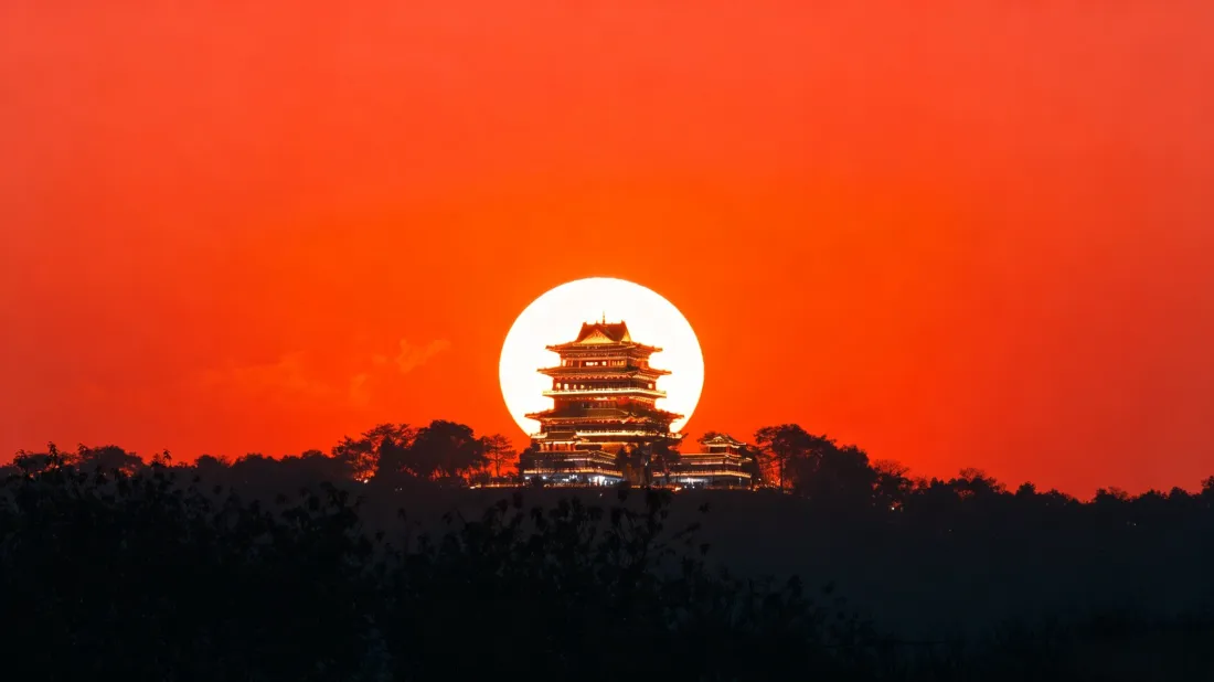 3k日落古楼壁纸｜橙红天空背景图片 - 山景剪影「哲风壁纸」