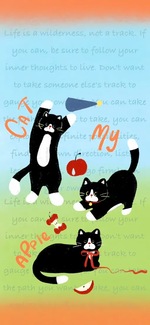 黑白卡通猫手机壁纸｜可爱苹果清新背景图片 - 治愈手绘插画「哲风壁纸」