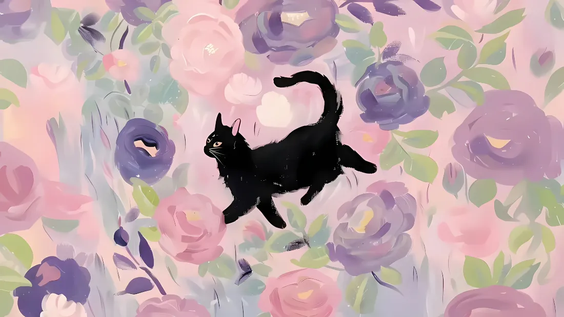 2k黑猫壁纸｜粉紫花丛背景图片 - 手绘治愈插画「哲风壁纸」