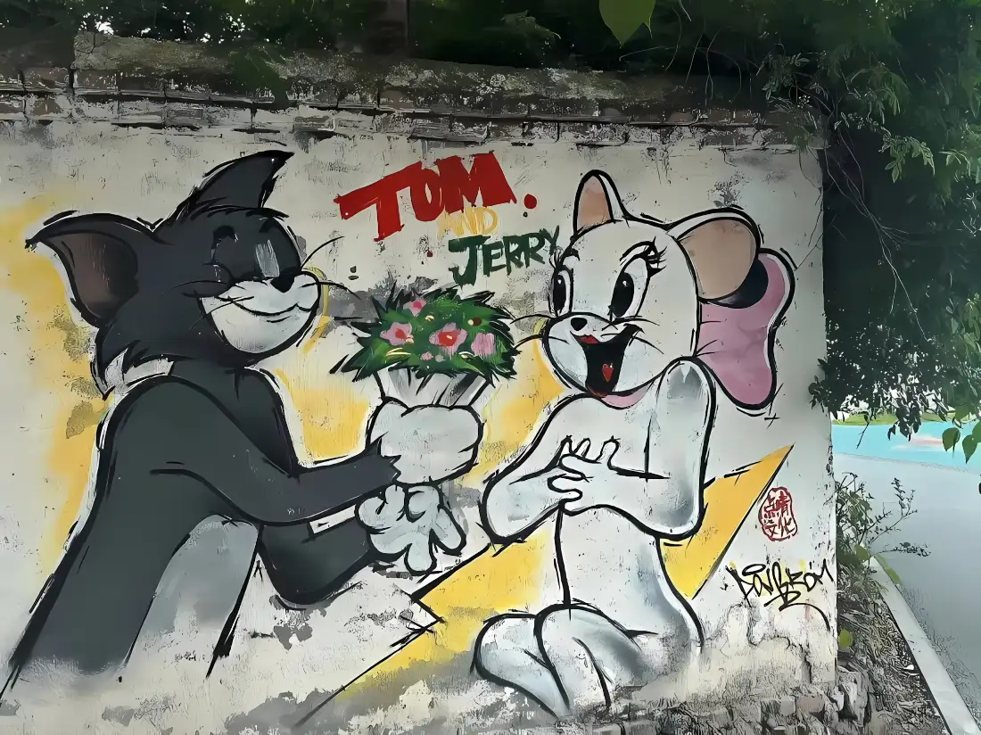 2k汤姆猫壁纸｜街头绘画墙背景图片 - 告白送花场景「哲风壁纸」