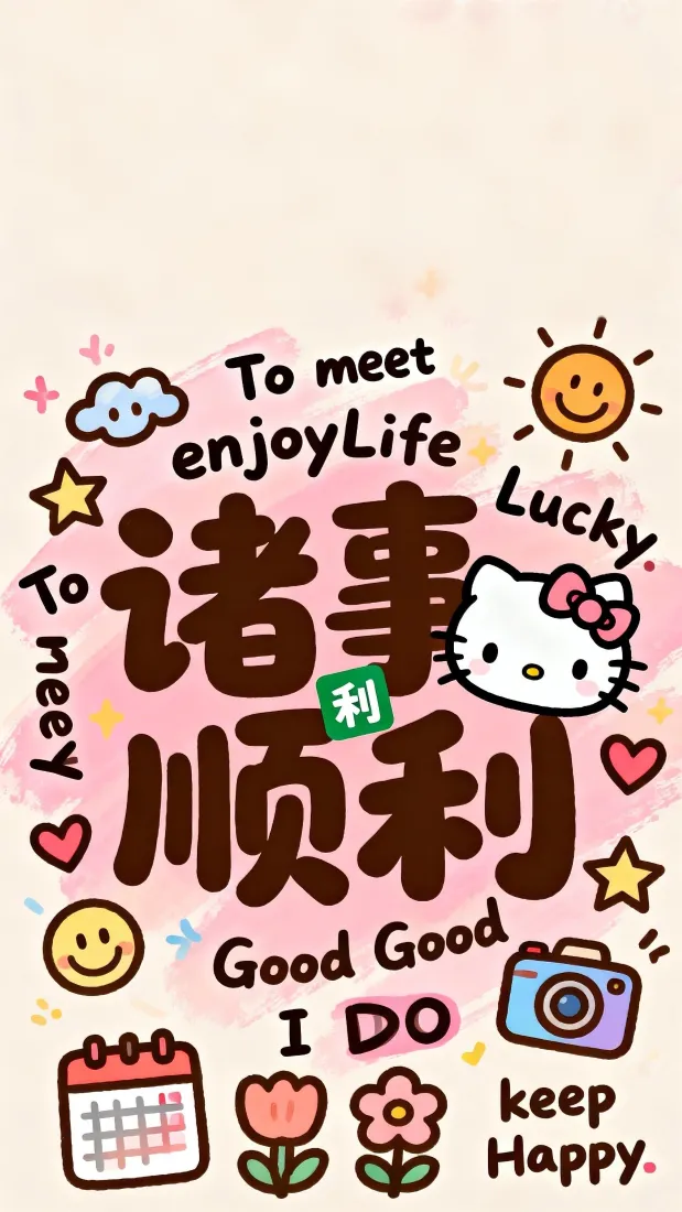 Kitty手机壁纸｜诸事顺利可爱背景图片 - 粉色卡通「哲风壁纸」