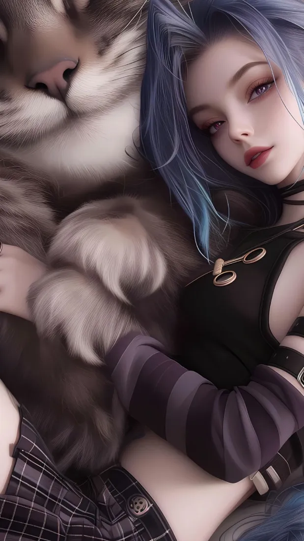 蓝发少女手机壁纸｜白狼相伴暗黑背景图片 - 二次元插画「哲风壁纸」