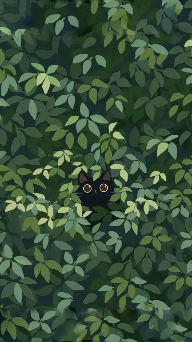 黑猫手机壁纸｜绿色树叶背景图片 - 治愈插画「哲风壁纸」