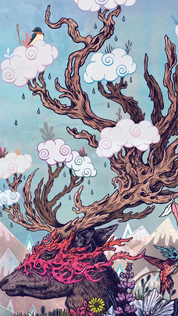 奇幻神鹿手机壁纸｜雪山飞鸟背景图片 - 创意治愈插画「哲风壁纸」