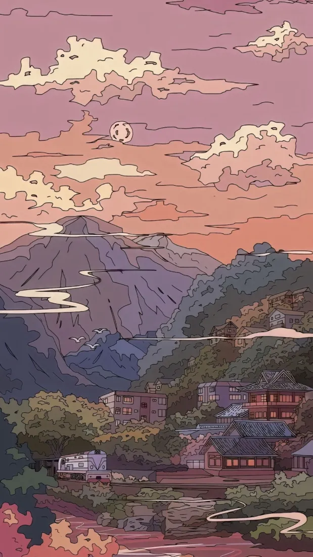 富士山手机壁纸｜日式黄昏山水村落背景图片 - 像素插画「哲风壁纸」