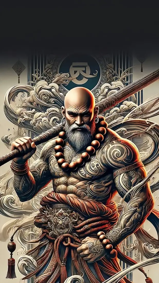 武僧手机壁纸｜国风祥云纹样背景图片 - 硬汉古风手绘插画「哲风壁纸」
