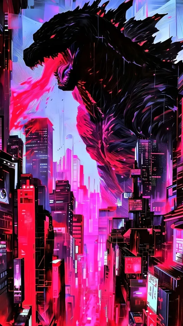 哥斯拉手机壁纸｜赛博朋克都市背景图片 - 科幻怪兽创意插画「哲风壁纸」