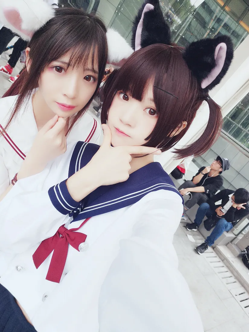 桜桃喵&疯猫ss手机壁纸｜JK百合街拍背景图片 - 猫耳水手服少女「哲风壁纸」