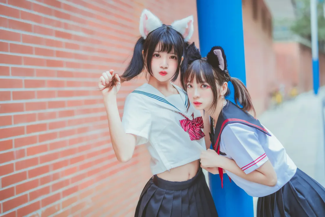 8k桜桃喵&疯猫ss壁纸｜JK少女街拍背景图片 - 猫耳制服「哲风壁纸」