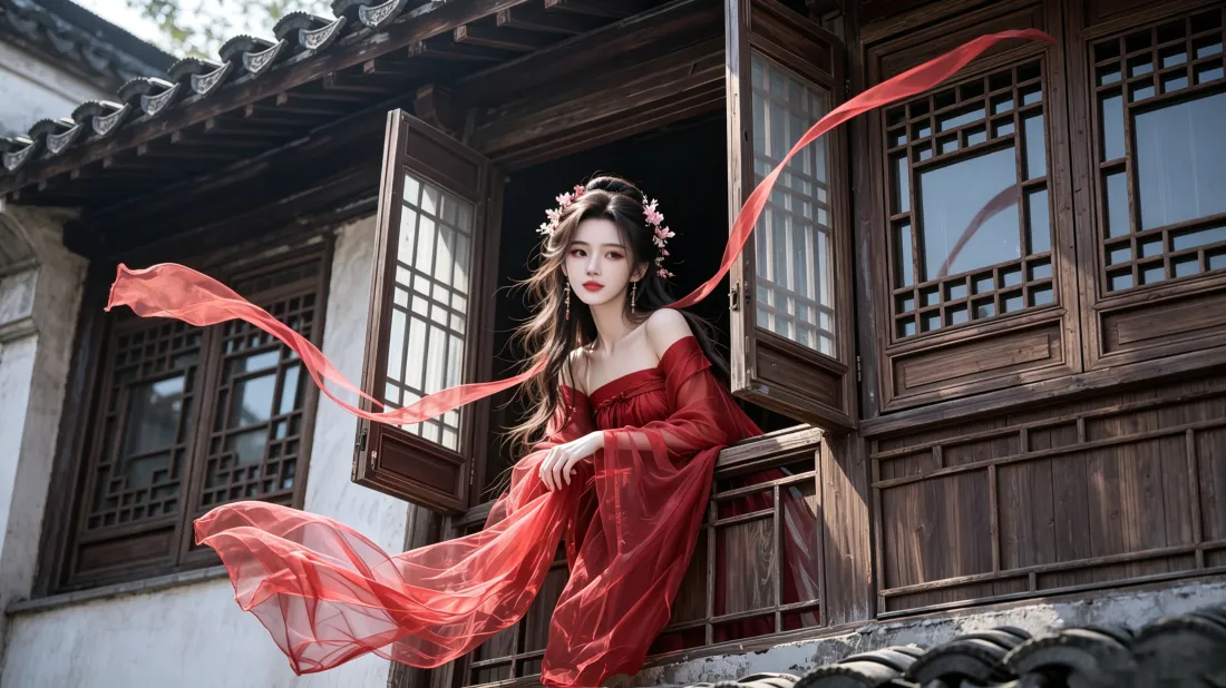 3k红衣古风美女壁纸｜中式古建窗边背景图片 - 氛围感「哲风壁纸」