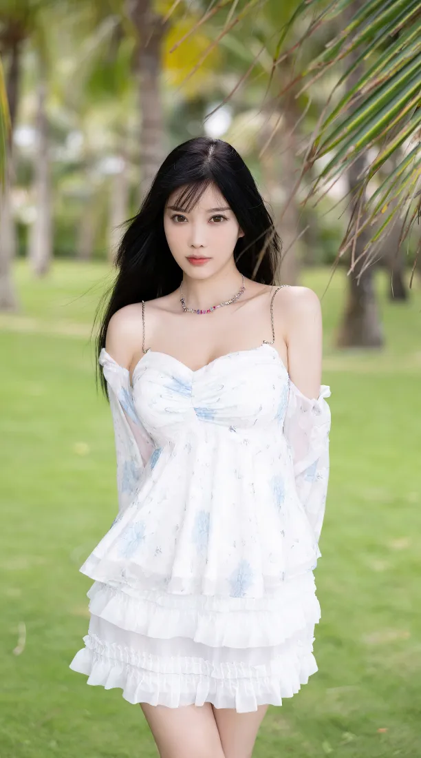 性感美女手机壁纸｜椰林草坪背景图片 - 白裙夏日写真「哲风壁纸」