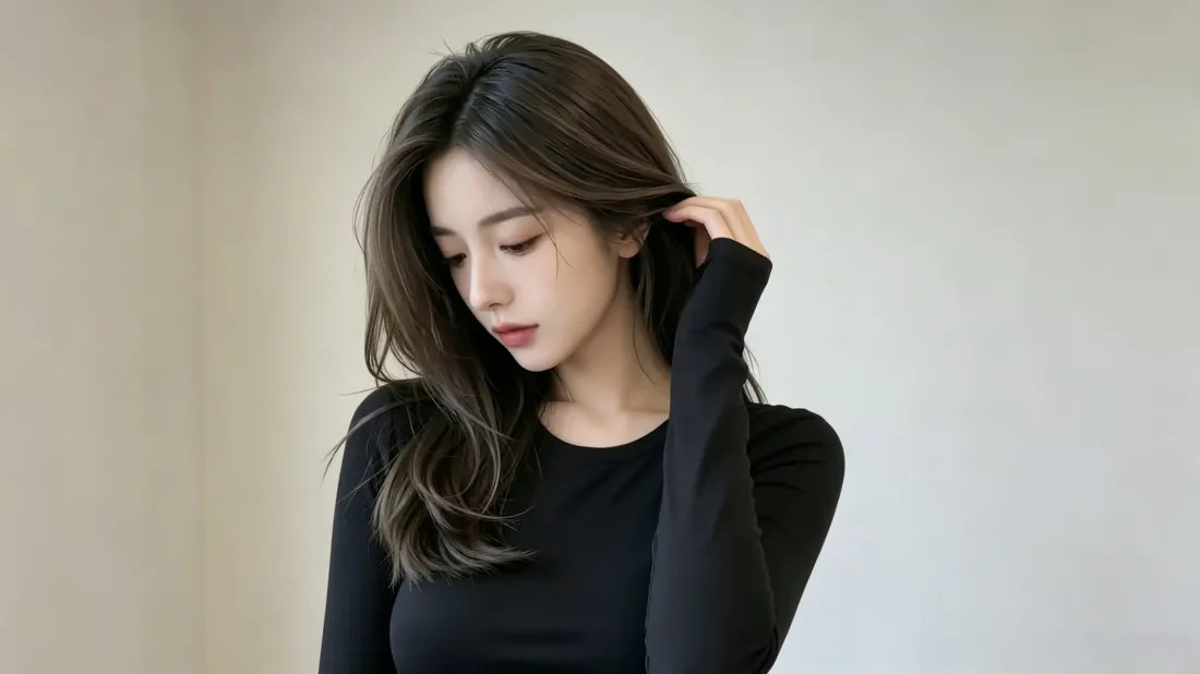 3k氛围感美女壁纸｜简约浅灰背景图片 - 黑上衣长发好看时尚写真「哲风壁纸」