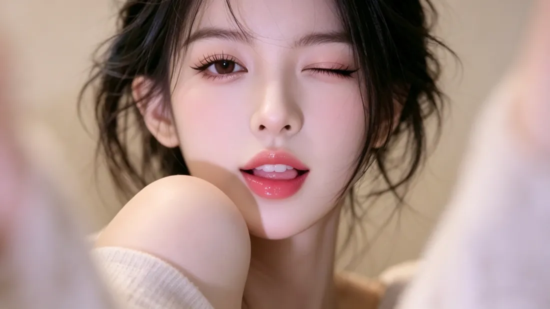 3k甜系美女壁纸｜wink暖光背景图片 - 卷发露肩红唇「哲风壁纸」