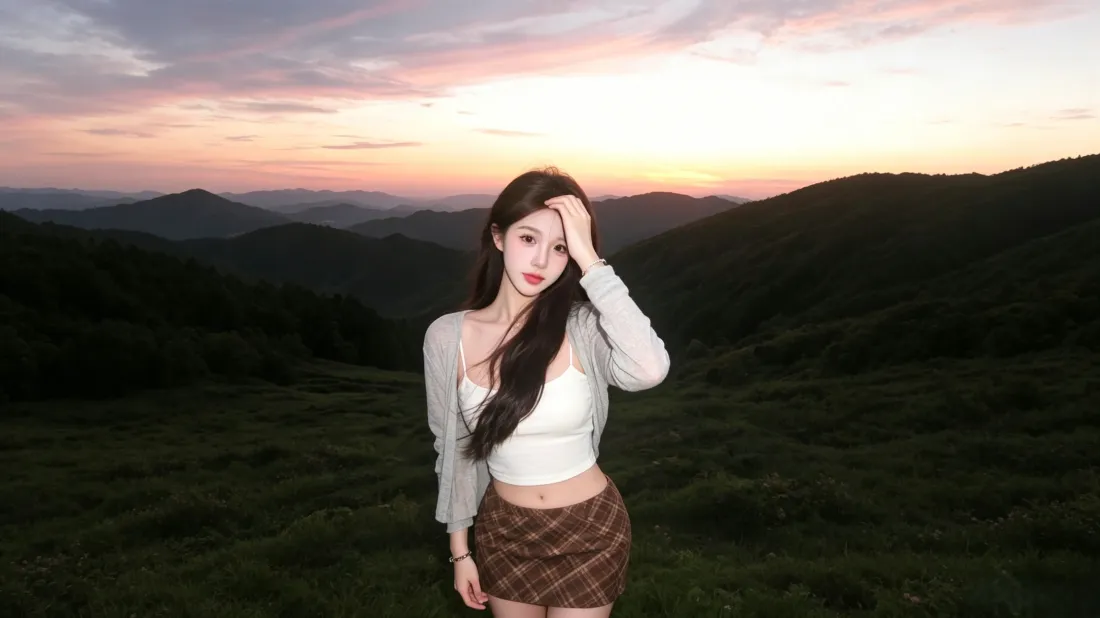 3k美女壁纸｜山间日落草地背景图片 - 户外氛围感写真「哲风壁纸」