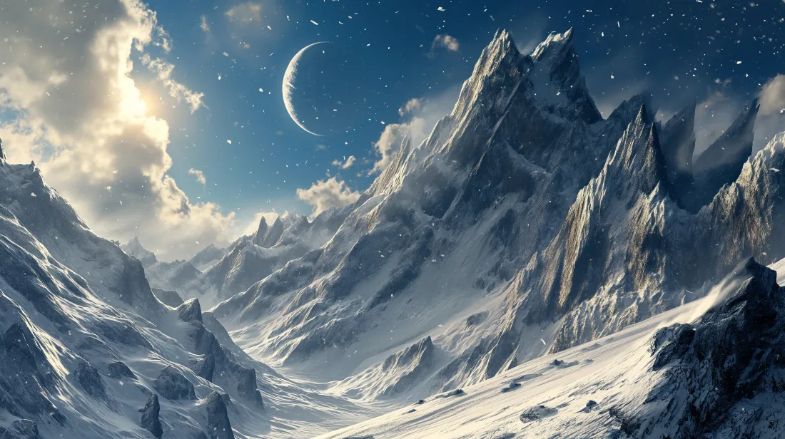 3k雪山月夜壁纸｜积雪山脉风景背景图片 - 新月星空流云「哲风壁纸」